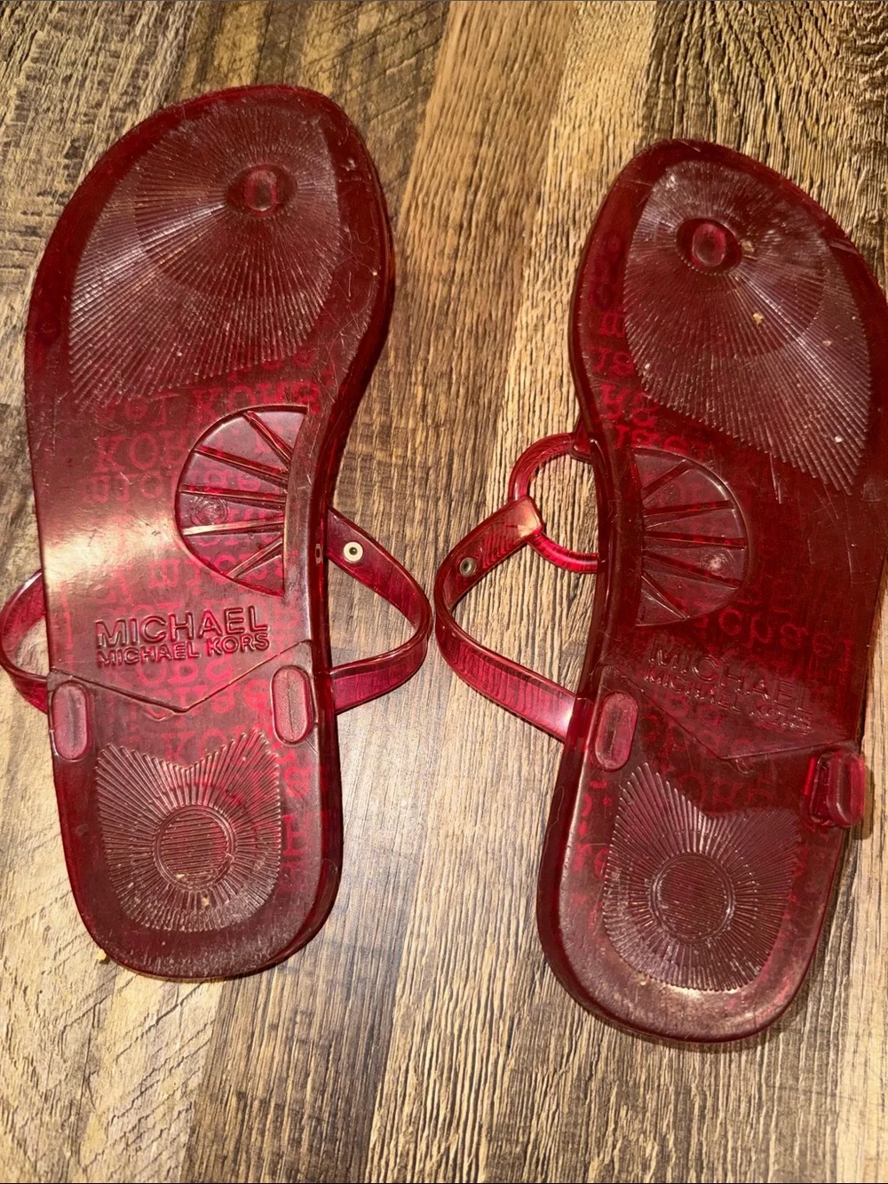 Michael Kors Transparent Red Logo Ring Thong Sandals